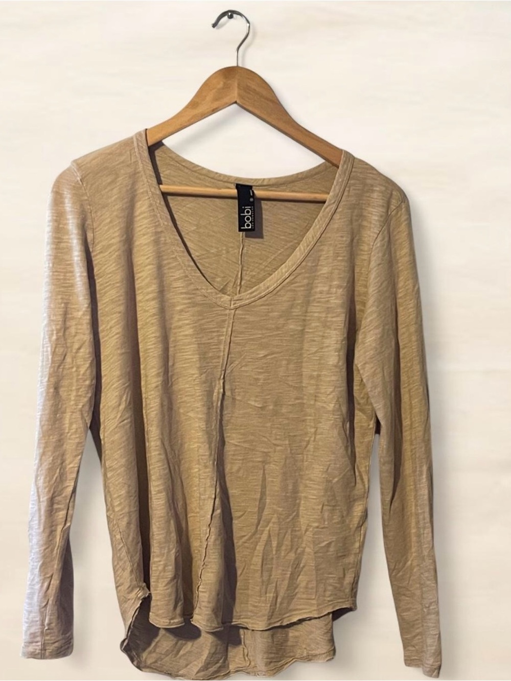 bobi Beige V-Neck Long Sleeve Slub Knit Top